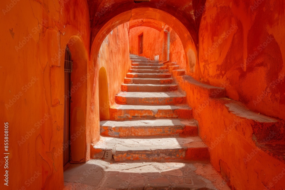 Vibrant orange ancient archway with stone steps Vibrant orange ancient archway with stone steps