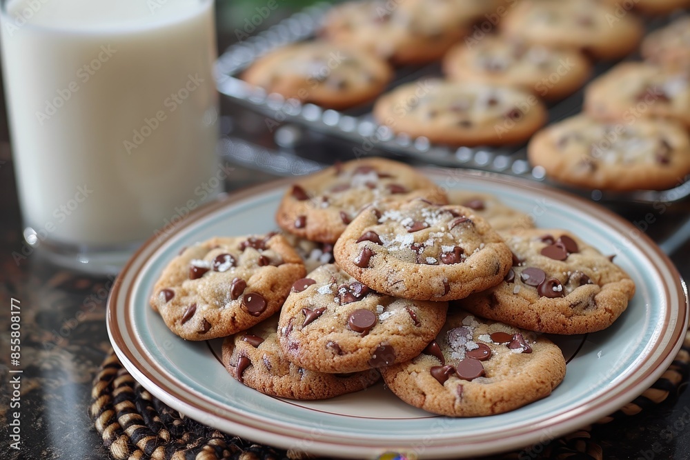 A plate of homemade cookies with gooey chocolate chips and a glass of milk beside it. A plate of homemade cookies with gooey chocolate chips and a glass of milk beside it.