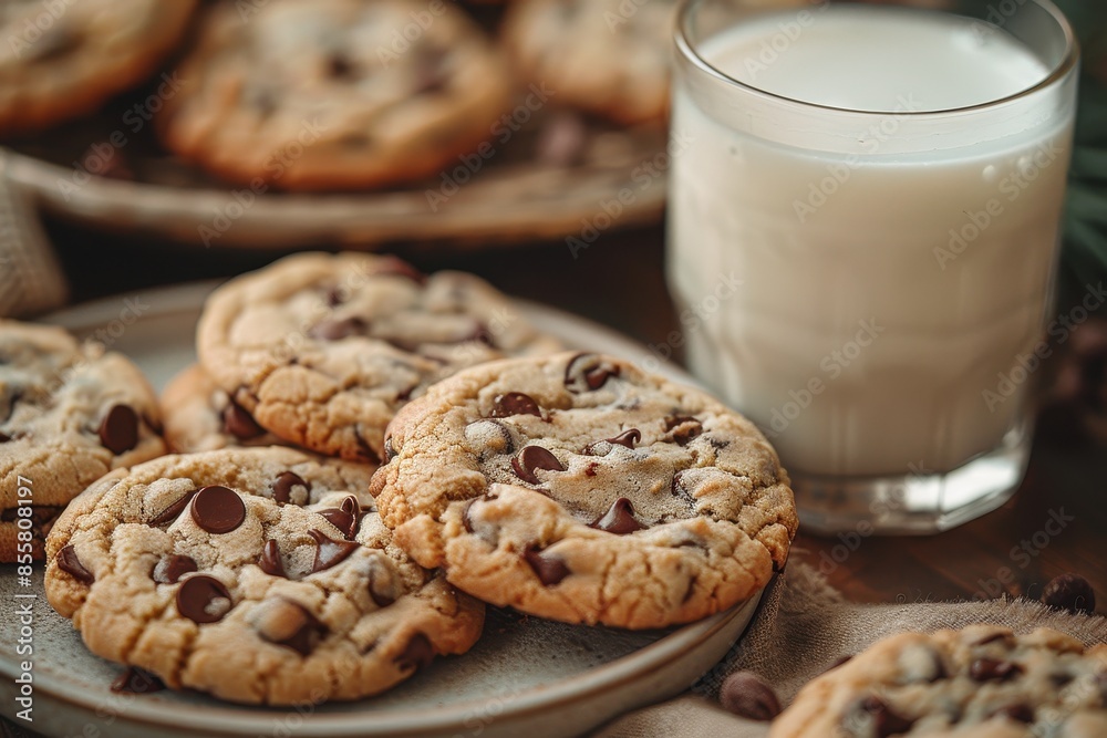 A plate of homemade cookies with gooey chocolate chips and a glass of milk beside it. A plate of homemade cookies with gooey chocolate chips and a glass of milk beside it.