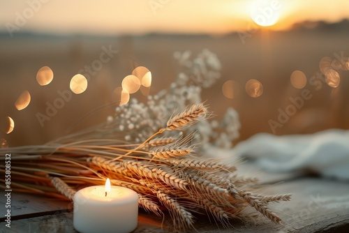 Background with wheat and empty space for text. Harvest festival, lugnasad, lammas, grain harvest festival, bread day. Farmer's bread. growing grain crops photo