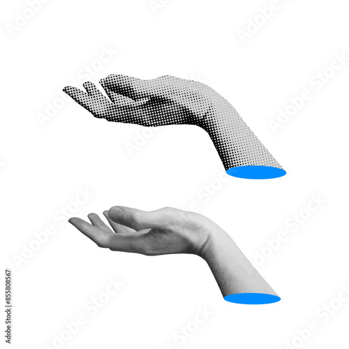 Halftone collage business design, website design, development, programming, seo. Hand holding a lightbulb. Digital art concept. Vector collage Illustration