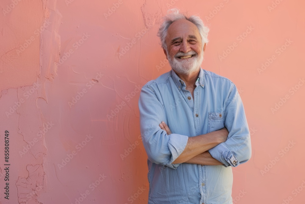 Portrait of a smiling man in his 80s with arms crossed while standing against solid pastel color wall Portrait of a smiling man in his 80s with arms crossed while standing against solid pastel color wall