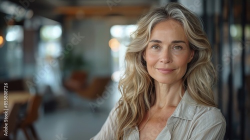 portrait of a confident beautiful middle-aged Caucasian business woman in a business suit looking smiling at the camera while in the office