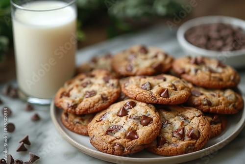 A plate of homemade cookies with gooey chocolate chips and a glass of milk beside it. 