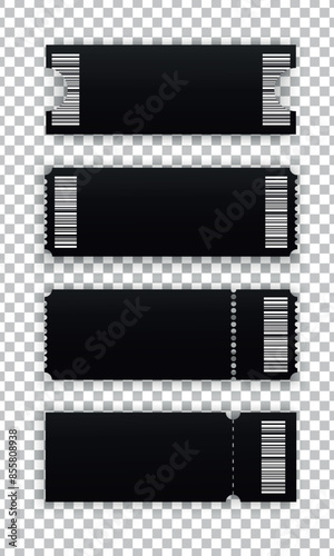 Abstract blank tickets template on transparent background. Ticket mockup in different shapes with barcode, front view. Realistic style. Vector illustration