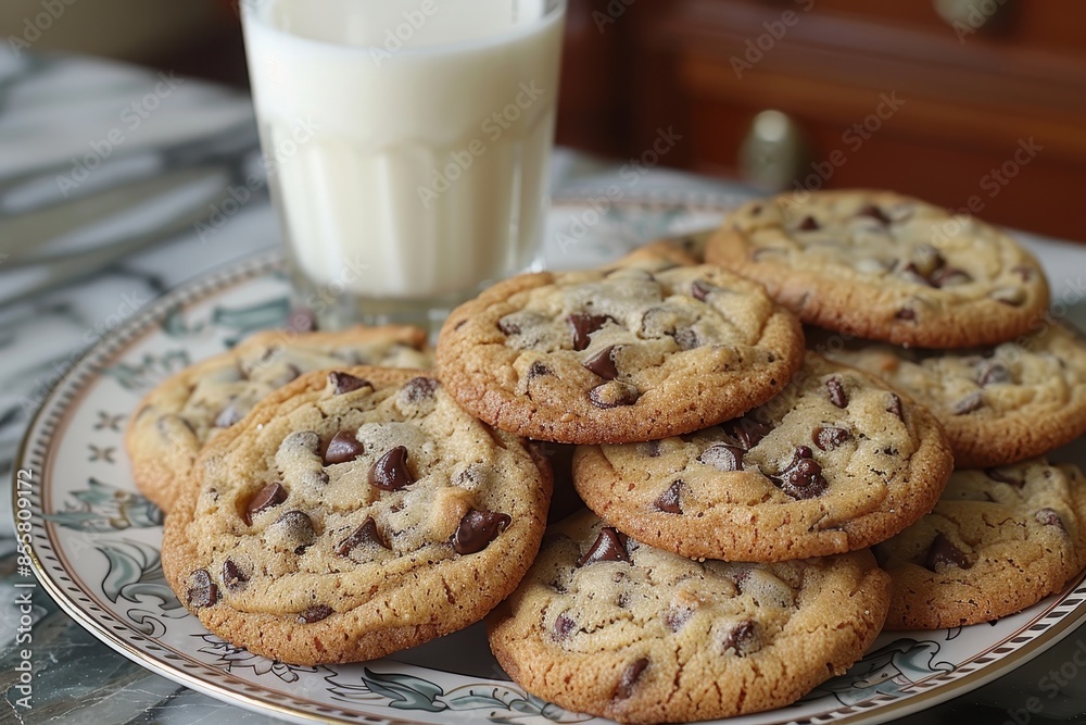 A plate of homemade cookies with gooey chocolate chips and a glass of milk beside it. A plate of homemade cookies with gooey chocolate chips and a glass of milk beside it.