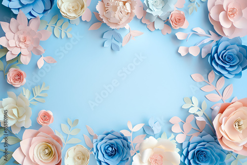 Beautiful colorful frame from papercut flowers on light blue backgroud
