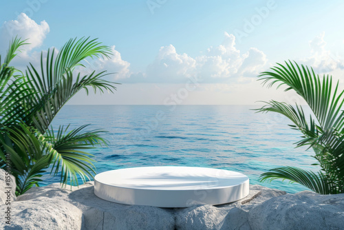 Empty podium for product presentation with palm leaf on seascape © Tetiana