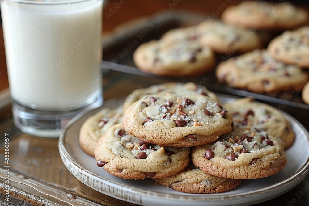 A plate of homemade cookies with gooey chocolate chips and a glass of milk beside it. A plate of homemade cookies with gooey chocolate chips and a glass of milk beside it.