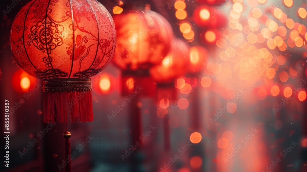 Charming Red Lanterns with Bokeh Lights in a Festive Setting Charming Red Lanterns with Bokeh Lights in a Festive Setting