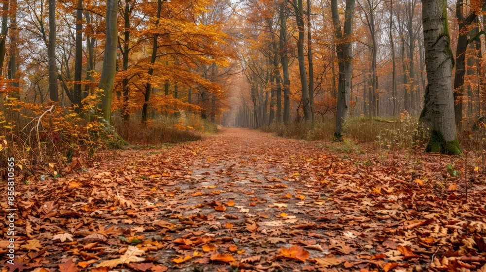 A serene forest pathway covered with golden autumn leaves, surrounded by tall trees with orange foliage, extending into the distance. A serene forest pathway covered with golden autumn leaves, surrounded by tall trees with orange foliage, extending into the distance.