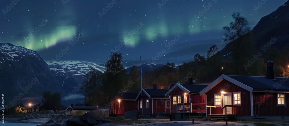 Panoramic Northern Lights, Aurora Borealis polar lights stunning wallpaper poster banner design with copyspace