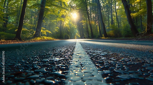 Serene Forest Road at Sunrise - Ultra Wide Angle Low Perspective