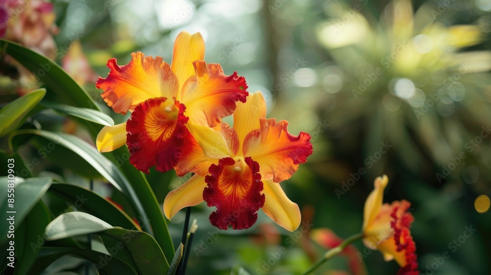 Red and yellow orchids in bloom highlighted against a garden backdrop Red and yellow orchids in bloom highlighted against a garden backdrop