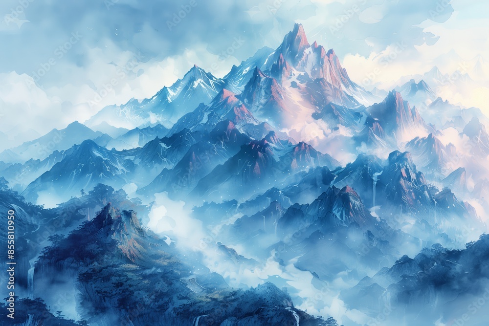 Obraz premium Misty Pastel Mountains: Watercolor Landscape