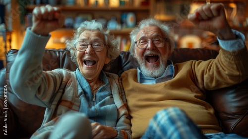 Wallpaper Mural portrait of a couple of Caucasian pensioners fans joyfully raising their eyes up while sitting on the sofa at home rejoicing in victory. joyful elderly people celebrating success Torontodigital.ca