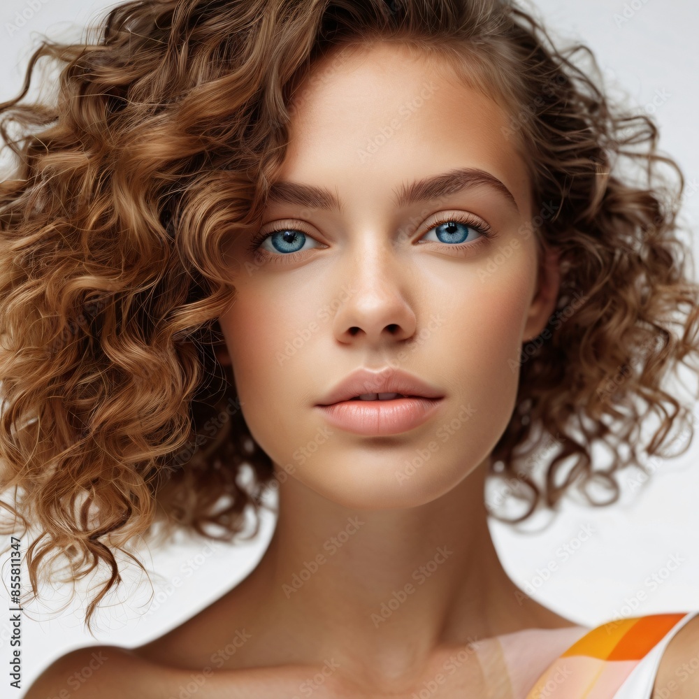 Naklejka premium Beautiful brown haired with stylish short hairstyle. Woman with a curly hair. Beautiful young woman with freckles on face. Closeup portrait of an attractive girl