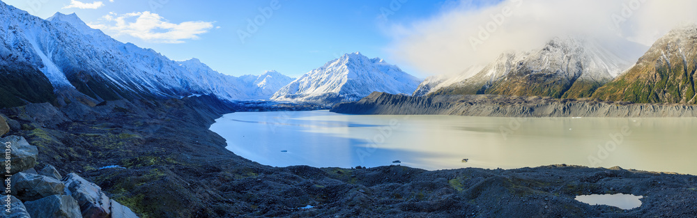 Panorama of Lake Tasman at the foot of Tasman Glacier in Mount Cook National Park, New Zealand. Panorama of Lake Tasman at the foot of Tasman Glacier in Mount Cook National Park, New Zealand.