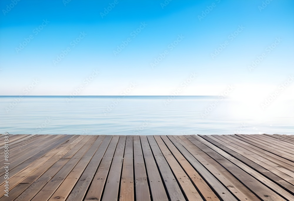 A wooden platform over a calm, clear blue ocean. 