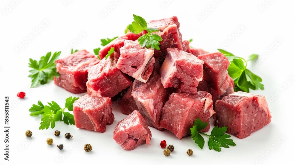 Diced red beef meet, cubes of raw beef isolated on white background. Diced red beef meet, cubes of raw beef isolated on white background.