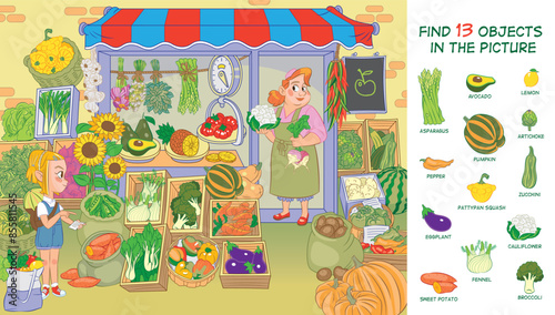 Help the girl buy vegetables. Find 13 objects in the picture. Hidden object puzzle. Vector illustration.