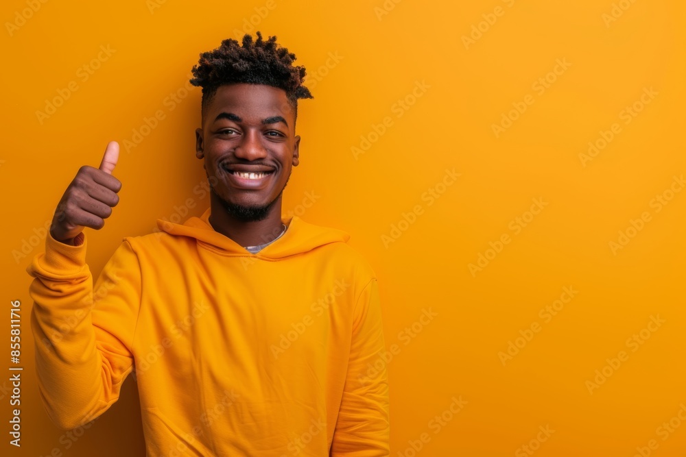 Portrait of a glad afro-american man in his 20s showing a thumb up in front of solid pastel color wall Portrait of a glad afro-american man in his 20s showing a thumb up in front of solid pastel color wall