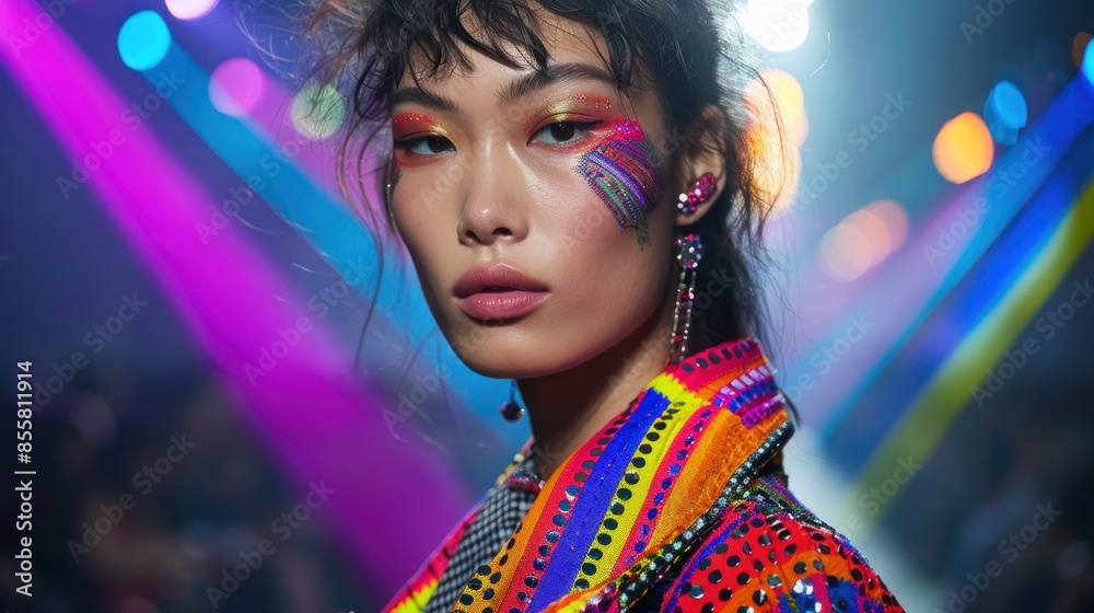 A close-up shot of a model strutting down the runway, showcasing a bold and avant-garde outfit. The model's confident expression and striking pose capture the essence of high fashion. The vibrant A close-up shot of a model strutting down the runway, showcasing a bold and avant-garde outfit. The model's confident expression and striking pose capture the essence of high fashion. The vibrant