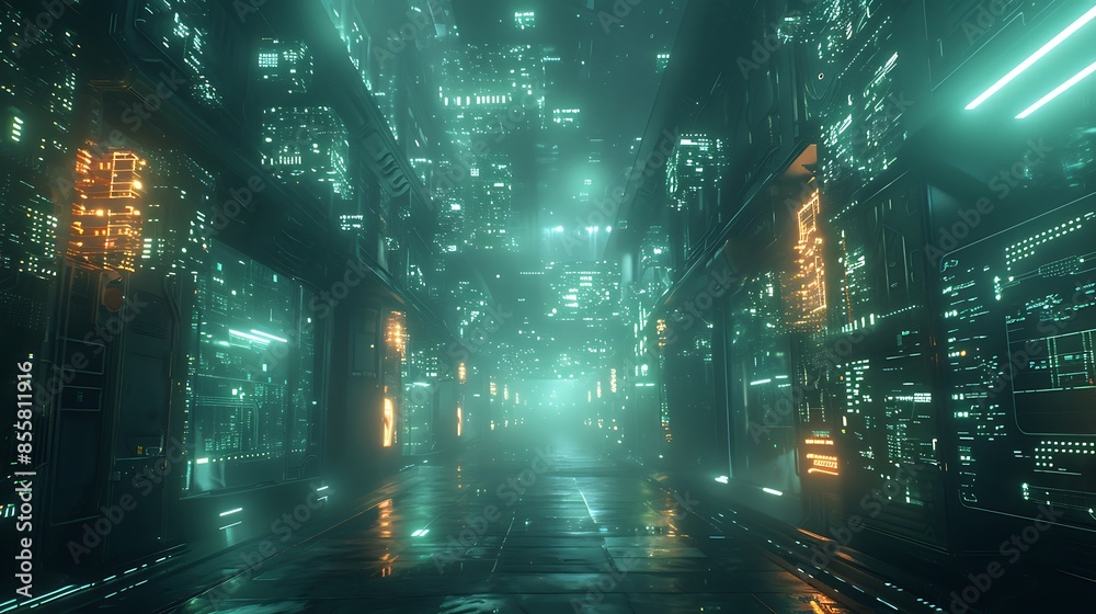 Fototapeta premium Wireframe grid projecting 3D models in a virtual reality setting. The scene features intricate wireframe designs, with glowing lines and holographic 3D models floating in a dark, immersive environment