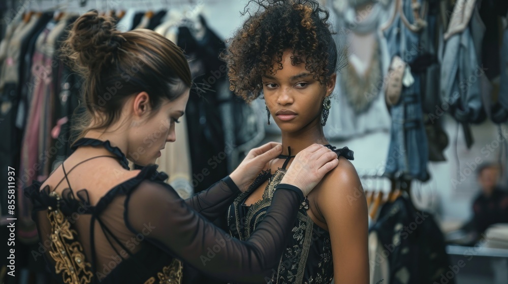 A behind-the-scenes moment of a fashion designer adjusting a model's outfit before the show begins. The designer meticulously ensures that every detail is perfect, reflecting the dedication and