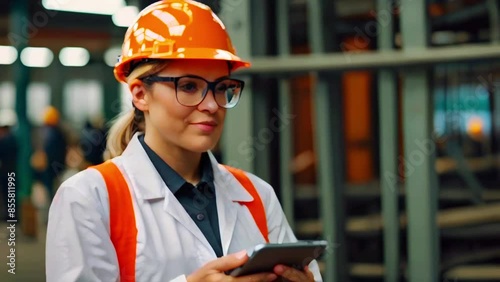 A young woman in a hard hat and safety glasses is using a tablet in a factory. photo