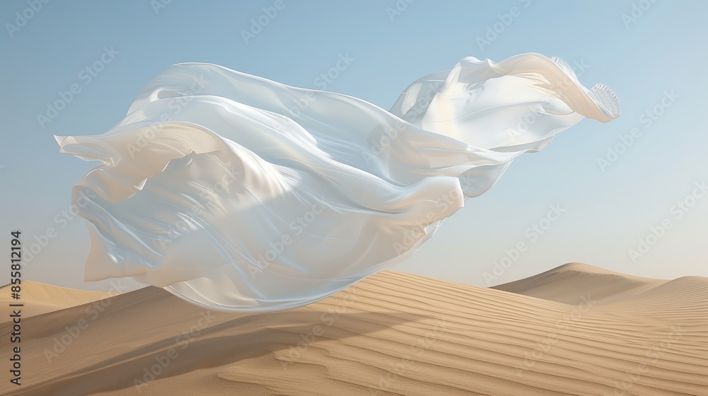 White fabric flying in the wind in the desert. 3d rendering White fabric flying in the wind in the desert. 3d rendering