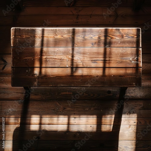 Top view of a rustic wooden table with sunbeams casting shadows on the floor.
