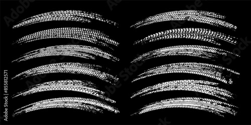 Grunge tire tracks, wheel braking marks. Truck, car or motorcycle tread pattern silhouettes. Auto race, motorsport, speed racing design element. Vector illustration