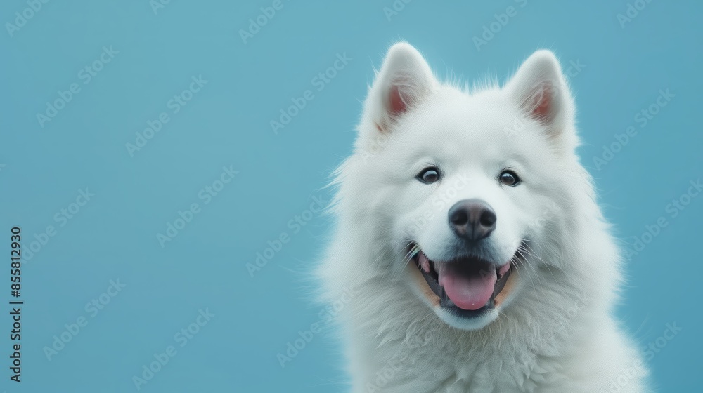 Fototapeta premium White Dog Portrait Against Blue Background