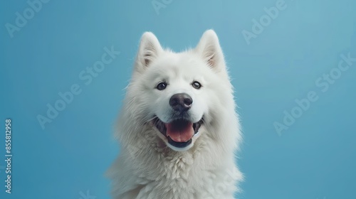 White Dog Smiling Against Blue Background