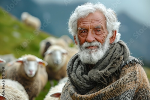 Shepherd with Sheep in Mountain Pasture photo
