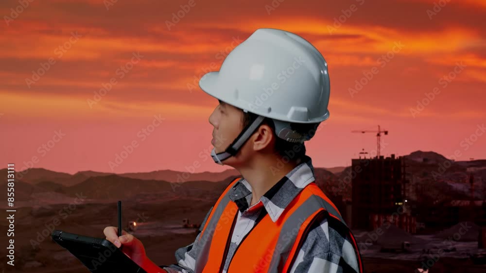 Close Up Side View Of Asian Male Engineer With Safety Helmet Taking Note On The Tablet And Looking Around While Standing at Construction Site, Mining Machinery