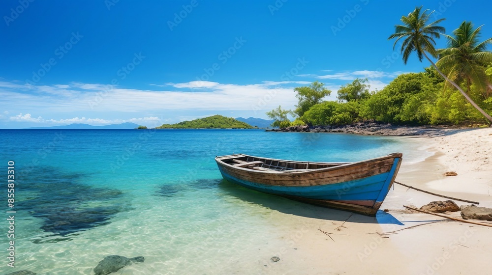 Idyllic Seaside Landscape Featuring a Lone Wooden Boat on a Pristine Beach with Crystal Clear Blue Waters. Generative AI Idyllic Seaside Landscape Featuring a Lone Wooden Boat on a Pristine Beach with Crystal Clear Blue Waters. Generative AI