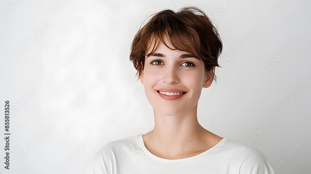 Head shot of beautiful caucasian woman with short haircut, smiling and looking confident, standing in t-shirt on white background Head shot of beautiful caucasian woman with short haircut, smiling and looking confident, standing in t-shirt on white background