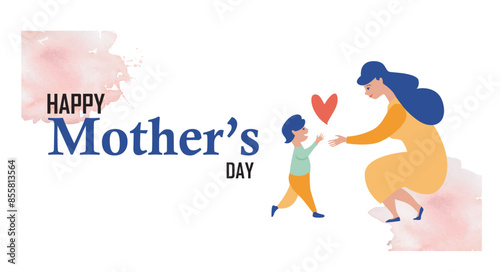 Print, Vector Illustration Of Mother Holding Baby Son In Arms. Happy Mother`s Day Greeting Card.Mother hugs Baby Son. Mother's love. Mom's hug. Vector