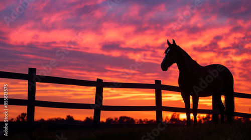 Silhouette of a horse at sunset by the fence