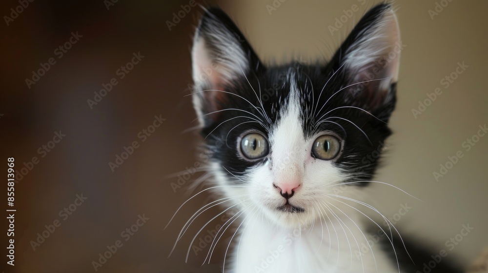 A juvenile cat with black and white fur A juvenile cat with black and white fur