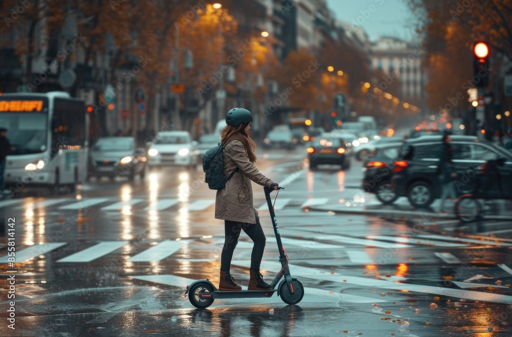 Obraz premium Young beautiful girl riding an electric scooter in the summer on the street