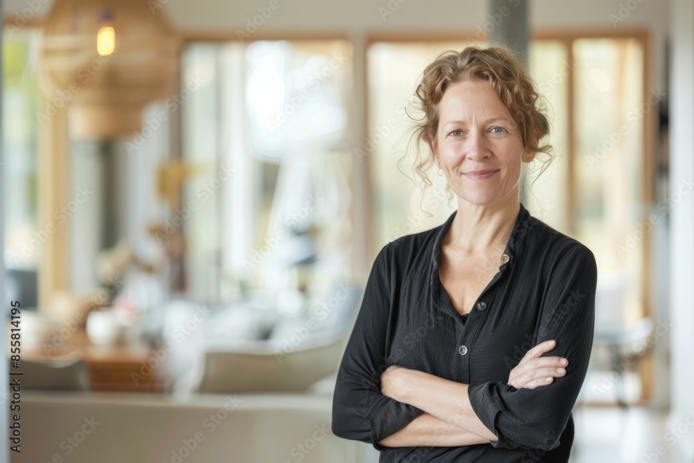Portrait of a blissful caucasian woman in her 40s with arms crossed in scandinavian-style interior background Portrait of a blissful caucasian woman in her 40s with arms crossed in scandinavian-style interior background