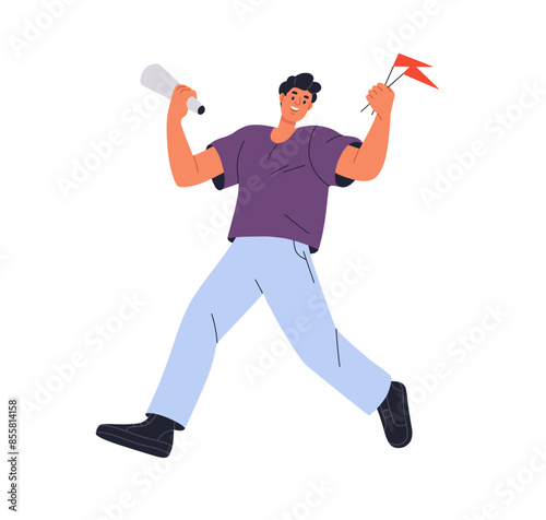 Trainer, sport coach cheering, supporting with flags in hand. Excited man, physical training teacher. Happy active male running and motivating. Flat vector illustration isolated on white background