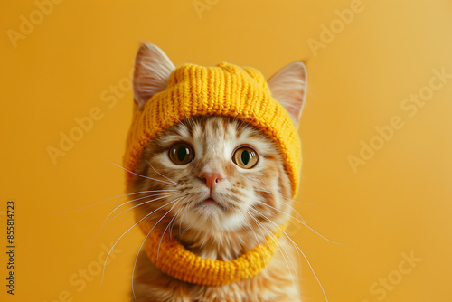 Close-Up Ginger Cat Wearing Yellow Mitten Hat on Yellow Background photo