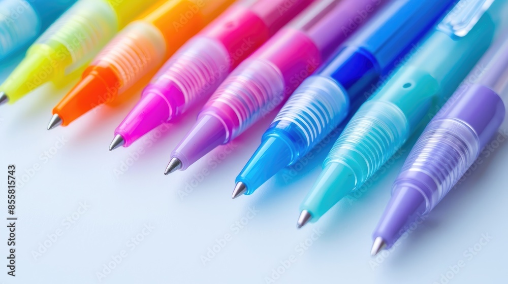 Colorful gel pens on white background desk mockup for various purposes Colorful gel pens on white background desk mockup for various purposes