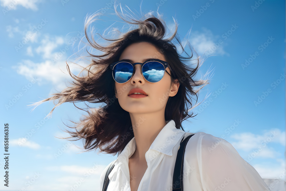 A woman with long hair and sunglasses is standing in front of a blue sky A woman with long hair and sunglasses is standing in front of a blue sky