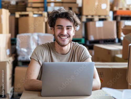 Online business. Young man business owner about online business. Successful and happy with the business photo