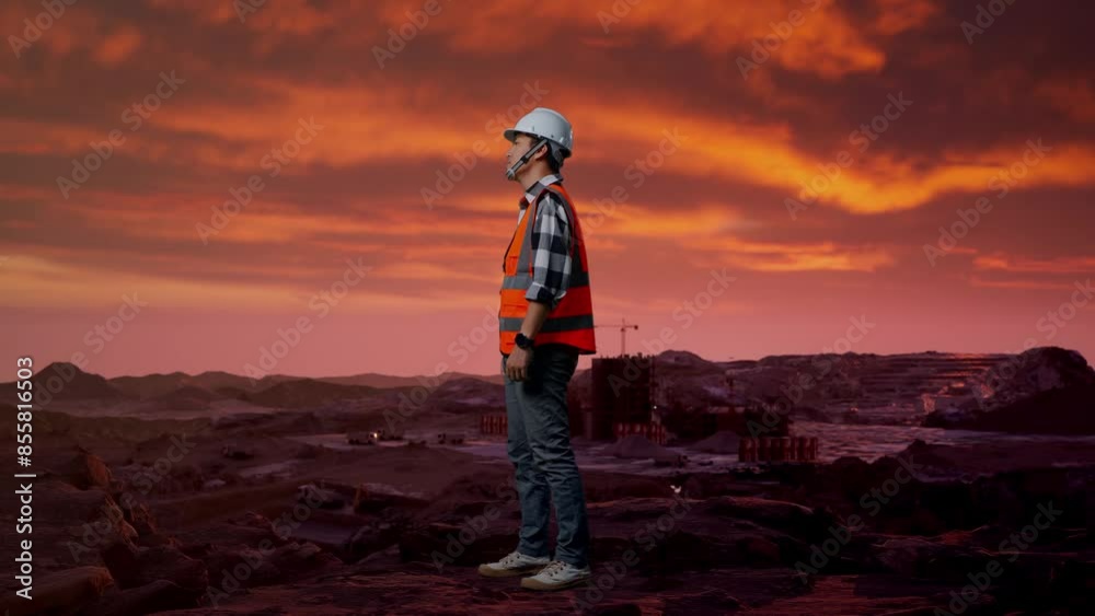 Full Body Side View Of Asian Male Engineer With Safety Helmet Looking Around While Standing at Construction Site, Mining Machinery Full Body Side View Of Asian Male Engineer With Safety Helmet Looking Around While Standing at Construction Site, Mining Machinery